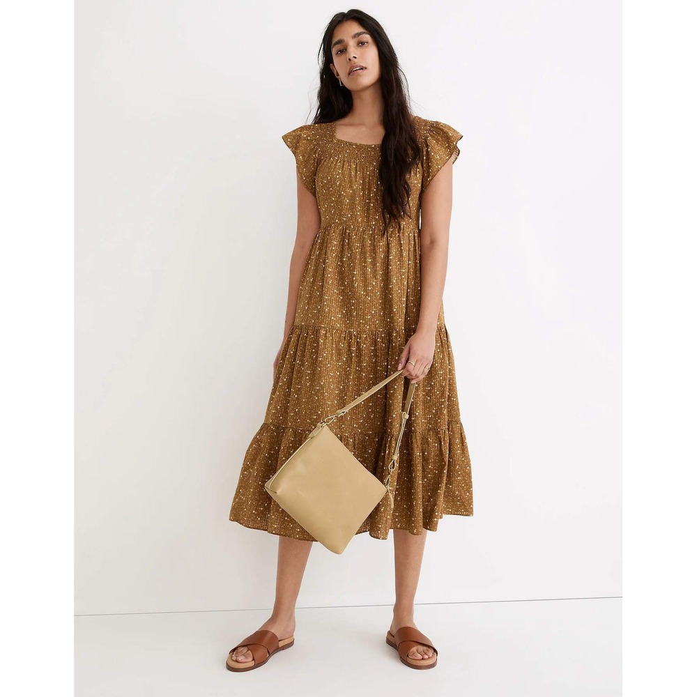 Madewell Smocked Tiered Midi Dress Olive Ditsy Floral Flutter Strap Sz S
